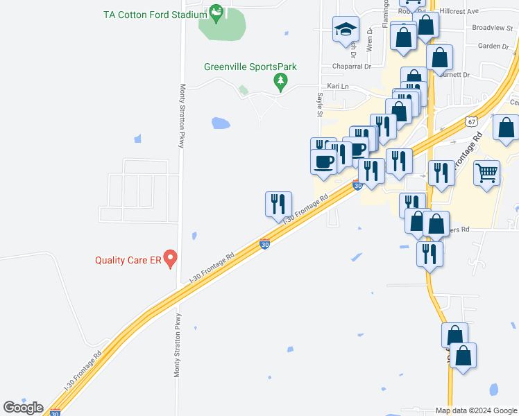 map of restaurants, bars, coffee shops, grocery stores, and more near 3800 Interstate 30 Frontage Road in Greenville