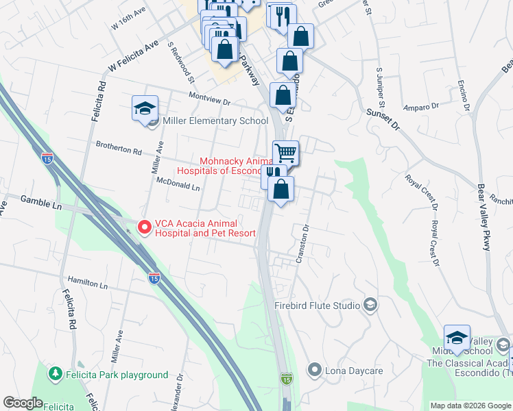 map of restaurants, bars, coffee shops, grocery stores, and more near 1200-2 South Escondido Boulevard in Escondido