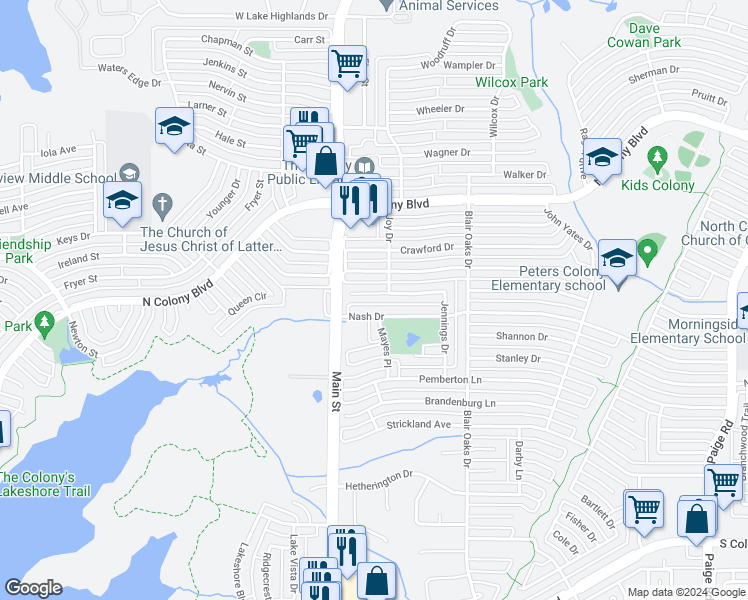 map of restaurants, bars, coffee shops, grocery stores, and more near 4720 Jennings Drive in The Colony