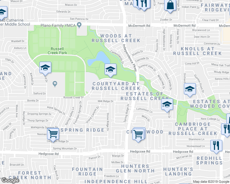 map of restaurants, bars, coffee shops, grocery stores, and more near 8405 Gateway Drive in Plano