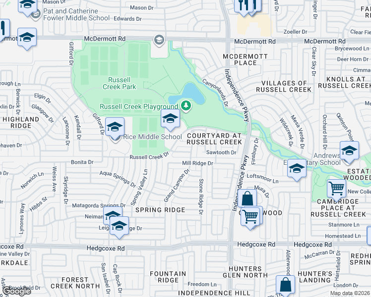 map of restaurants, bars, coffee shops, grocery stores, and more near 3153 Kings Canyon Drive in Plano