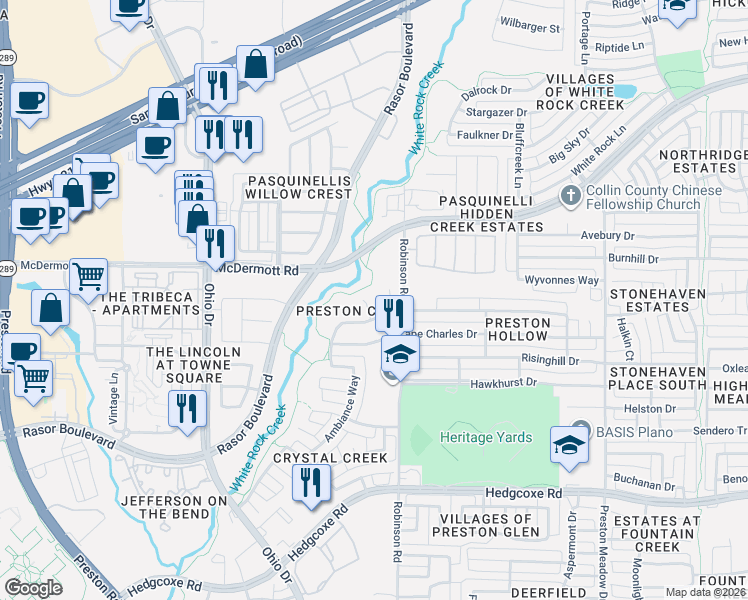 map of restaurants, bars, coffee shops, grocery stores, and more near 8505 Trelady Ct in Plano