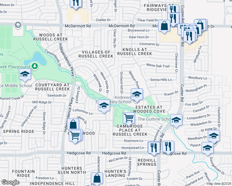 map of restaurants, bars, coffee shops, grocery stores, and more near 8416 High Meadows Drive in Plano