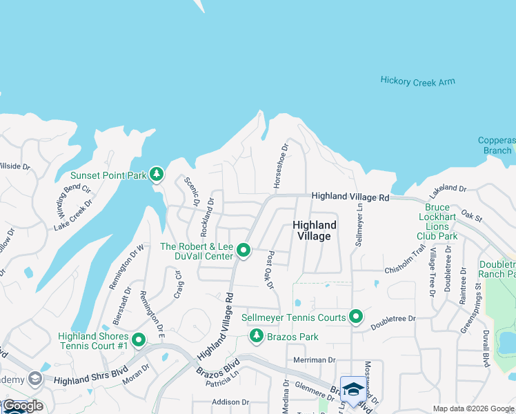 map of restaurants, bars, coffee shops, grocery stores, and more near 102 Woodland Drive in Highland Village