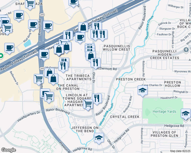 map of restaurants, bars, coffee shops, grocery stores, and more near 8405 Foothill Drive in Plano