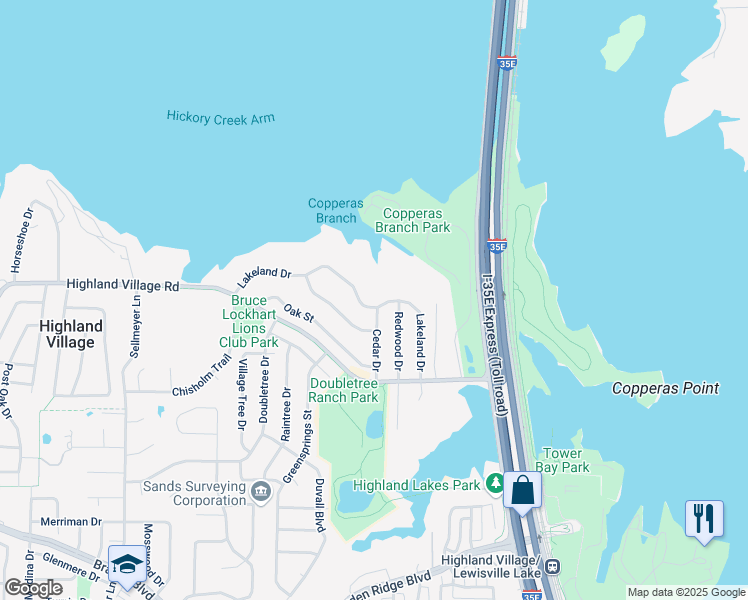 map of restaurants, bars, coffee shops, grocery stores, and more near 200 Lakeland Drive in Highland Village