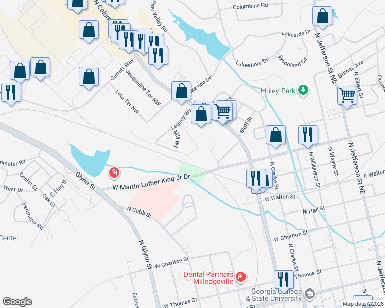 map of restaurants, bars, coffee shops, grocery stores, and more near 1420 N Columbia St in Milledgeville