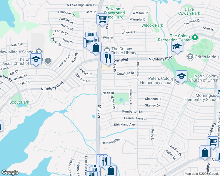 map of restaurants, bars, coffee shops, grocery stores, and more near 4720 Jennings Drive in The Colony