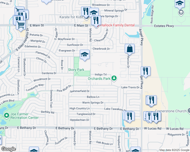 map of restaurants, bars, coffee shops, grocery stores, and more near 1604 Indigo Trail in Allen