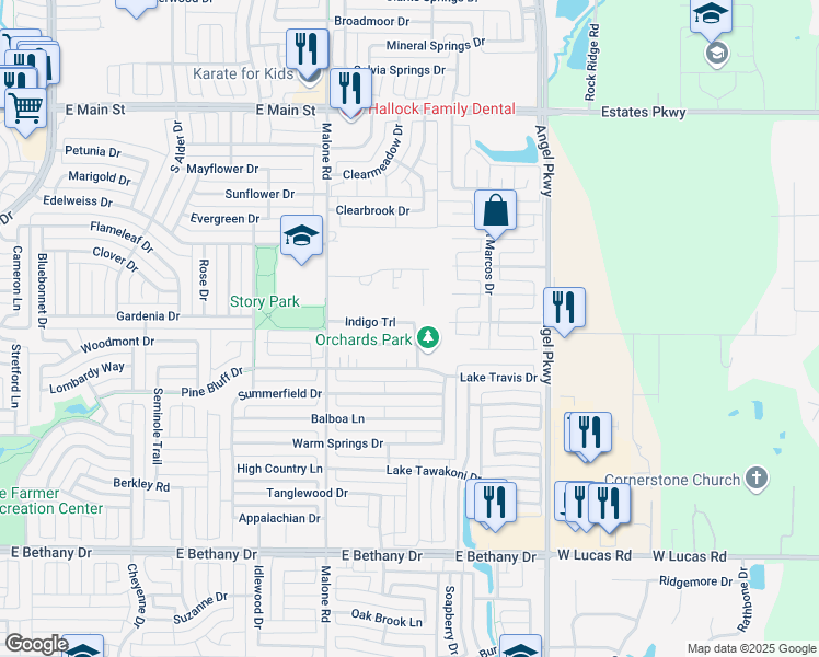 map of restaurants, bars, coffee shops, grocery stores, and more near 1626 Indigo Trail in Allen