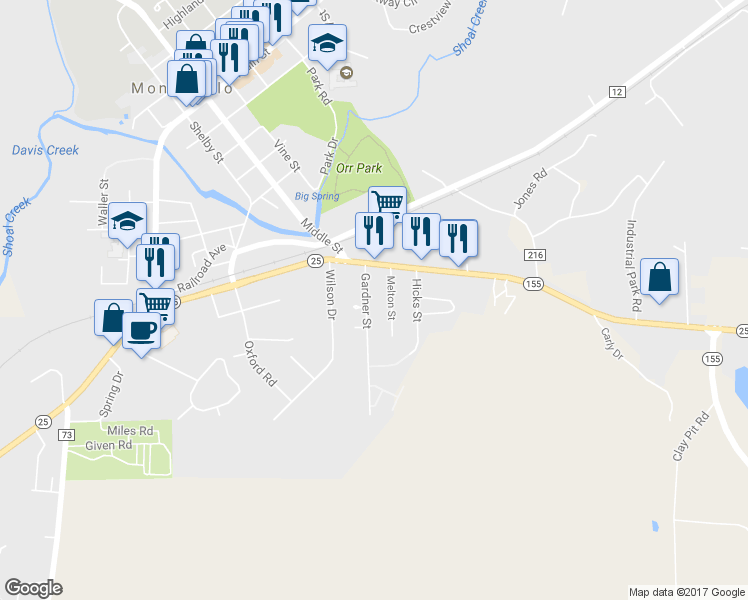 map of restaurants, bars, coffee shops, grocery stores, and more near 185 Gardner St in Montevallo