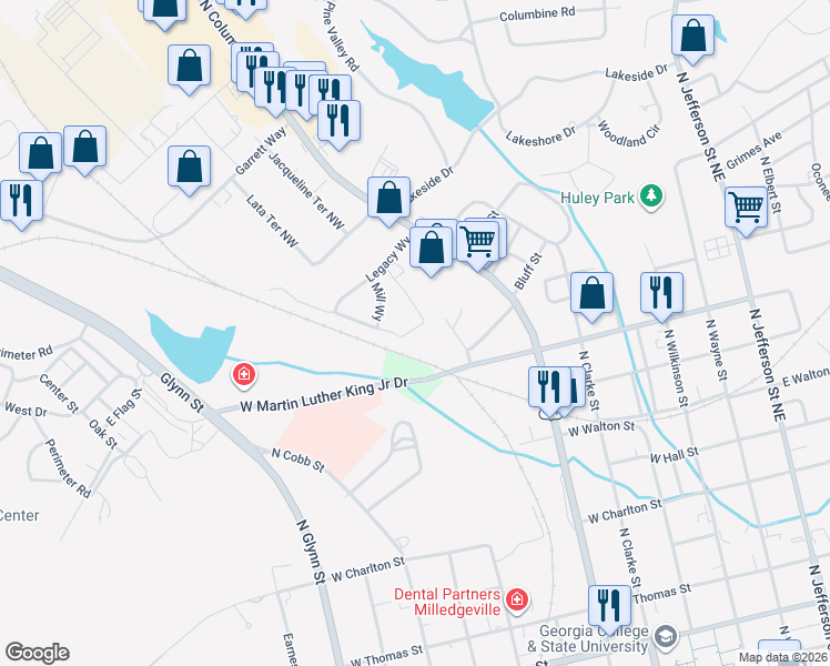 map of restaurants, bars, coffee shops, grocery stores, and more near 1420 N Columbia St in Milledgeville