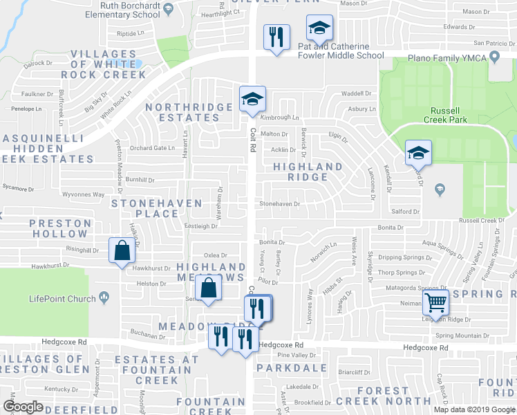 map of restaurants, bars, coffee shops, grocery stores, and more near 8409 Bradford Drive in Plano
