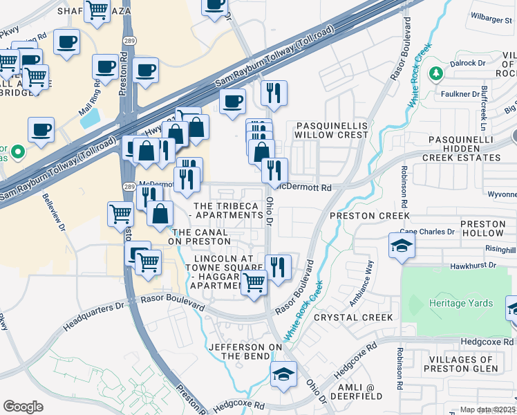 map of restaurants, bars, coffee shops, grocery stores, and more near 4700 Tribeca Lane in Plano