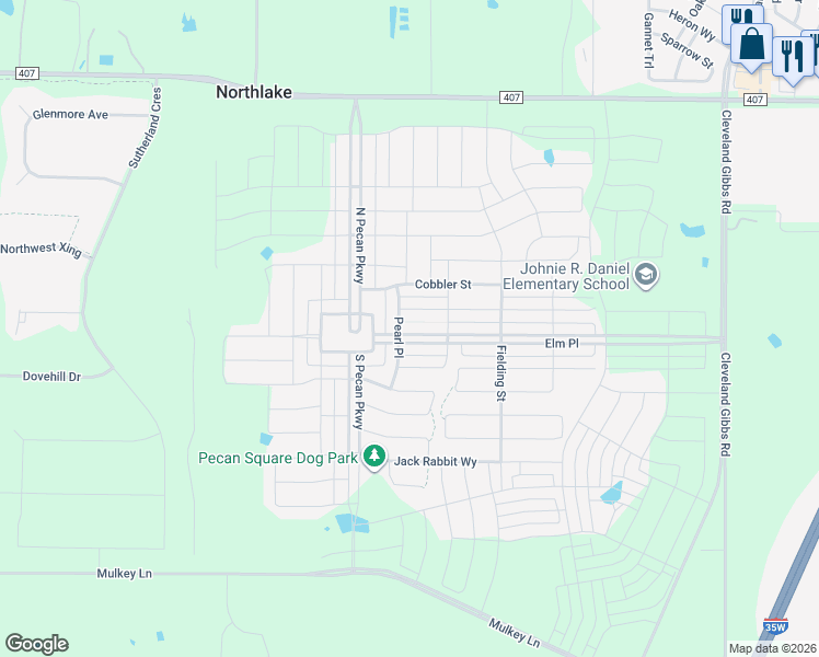 map of restaurants, bars, coffee shops, grocery stores, and more near 2540 Elm Place in Northlake