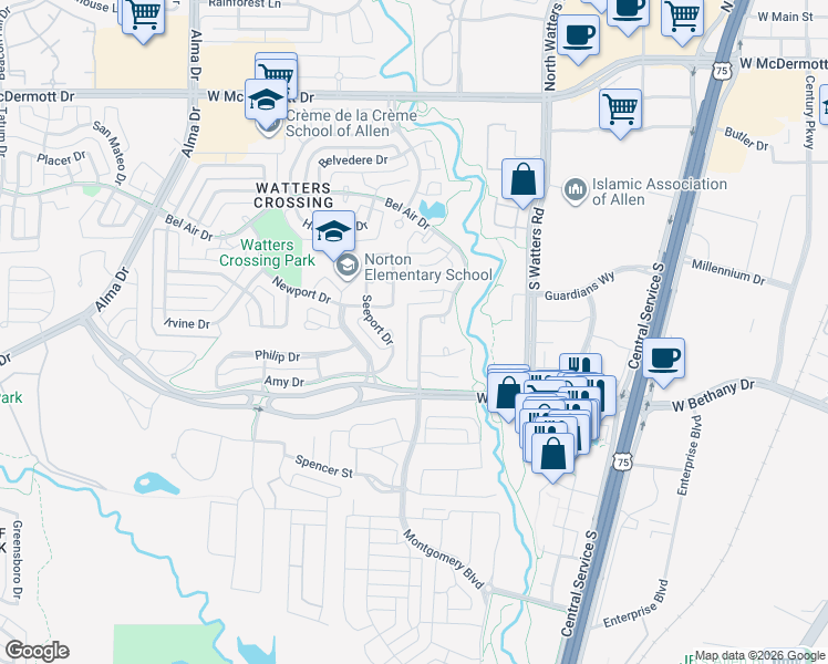 map of restaurants, bars, coffee shops, grocery stores, and more near 606 Bel Air Drive in Allen