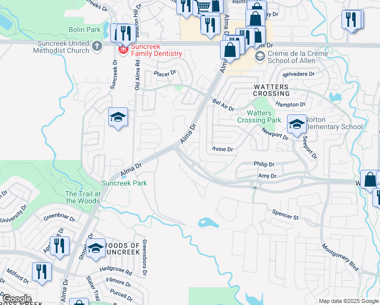 map of restaurants, bars, coffee shops, grocery stores, and more near 1384 Elaine Drive in Allen