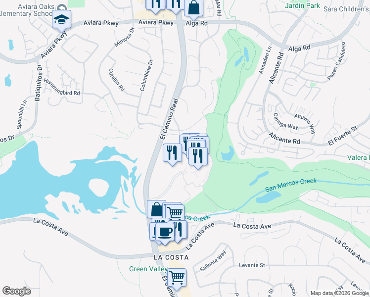 map of restaurants, bars, coffee shops, grocery stores, and more near 7310 Estrella De Mar Road in Carlsbad