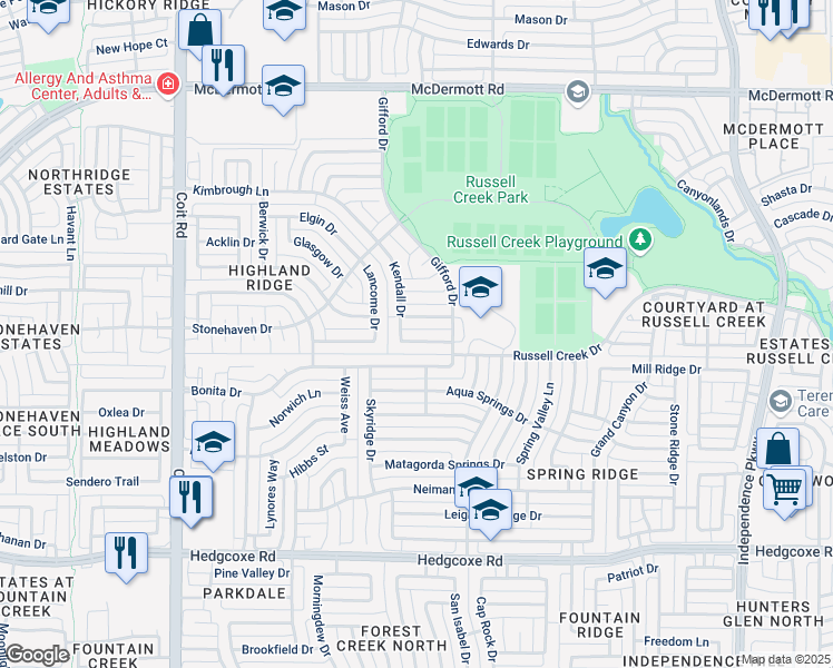 map of restaurants, bars, coffee shops, grocery stores, and more near 3617 Salford Drive in Plano