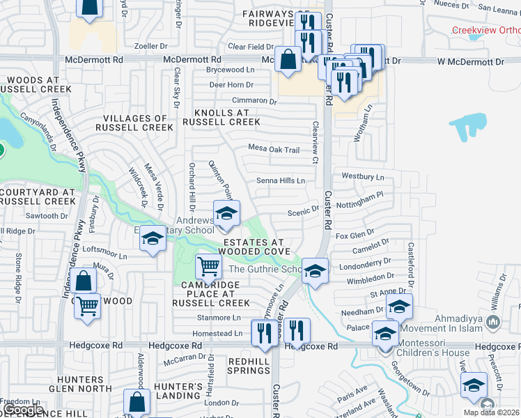map of restaurants, bars, coffee shops, grocery stores, and more near 2409 Scenic Drive in Plano