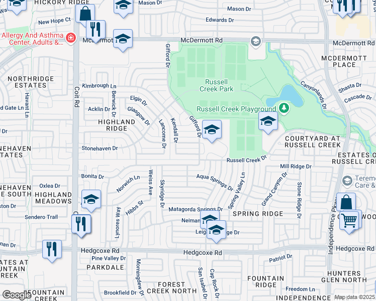 map of restaurants, bars, coffee shops, grocery stores, and more near 3617 Salford Dr in Plano