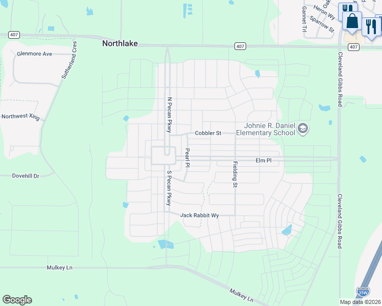 map of restaurants, bars, coffee shops, grocery stores, and more near 2540 Elm Place in Northlake