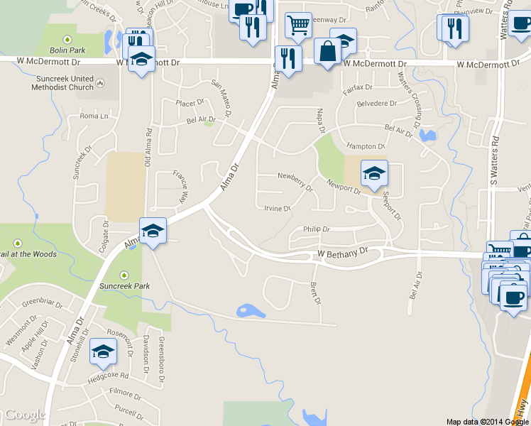 map of restaurants, bars, coffee shops, grocery stores, and more near 1231 Irvine Drive in Allen