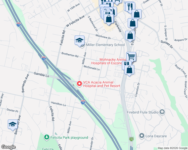 map of restaurants, bars, coffee shops, grocery stores, and more near 648 Feeney Place in Escondido