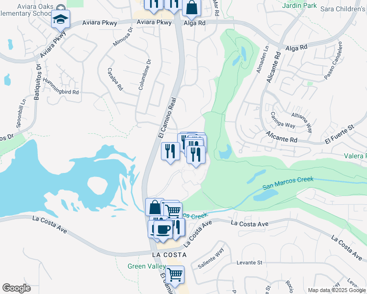 map of restaurants, bars, coffee shops, grocery stores, and more near 2100 Costa Del Mar Road in Carlsbad
