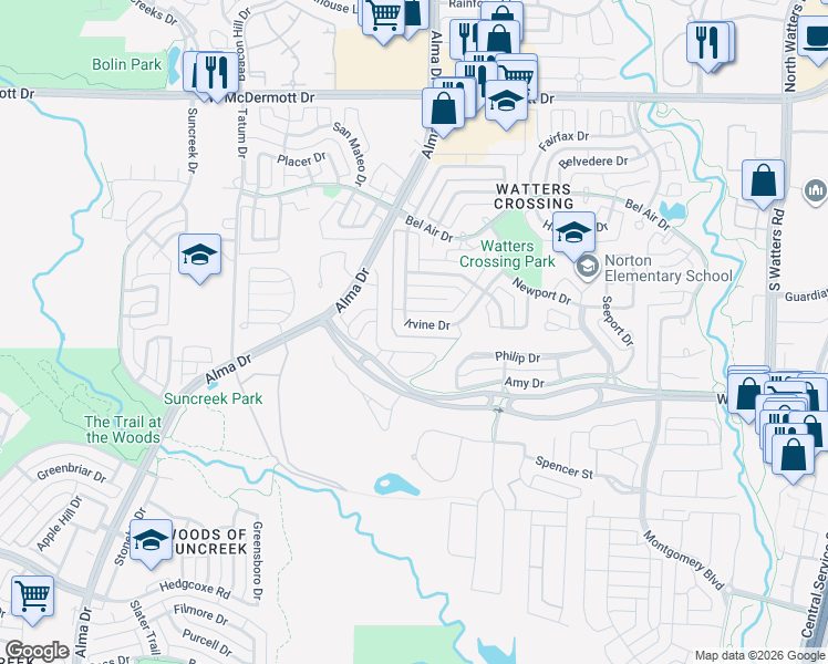 map of restaurants, bars, coffee shops, grocery stores, and more near 1231 Irvine Drive in Allen