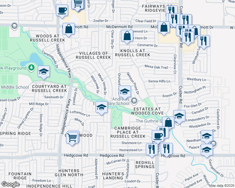 map of restaurants, bars, coffee shops, grocery stores, and more near 8416 High Meadows Drive in Plano