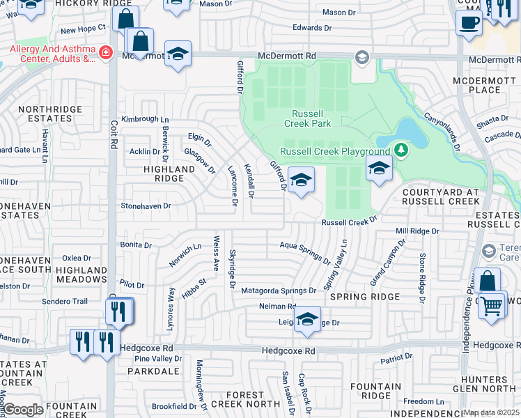map of restaurants, bars, coffee shops, grocery stores, and more near 3617 Salford Drive in Plano