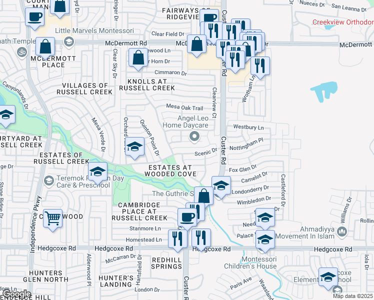 map of restaurants, bars, coffee shops, grocery stores, and more near 2321 Scenic Drive in Plano