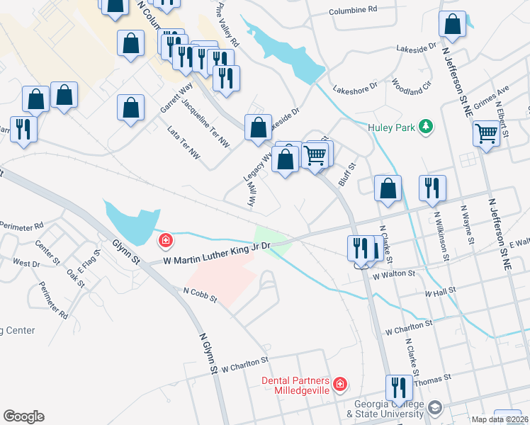 map of restaurants, bars, coffee shops, grocery stores, and more near 1420 N Columbia St in Milledgeville