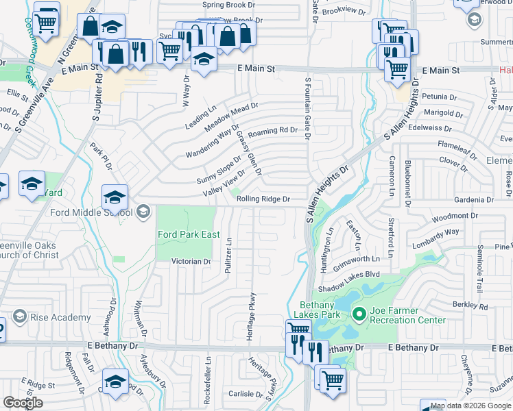 map of restaurants, bars, coffee shops, grocery stores, and more near 730 Park Place Drive in Allen