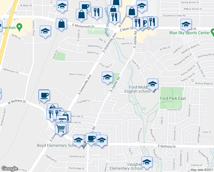 map of restaurants, bars, coffee shops, grocery stores, and more near 600 S Jupiter Rd in Allen