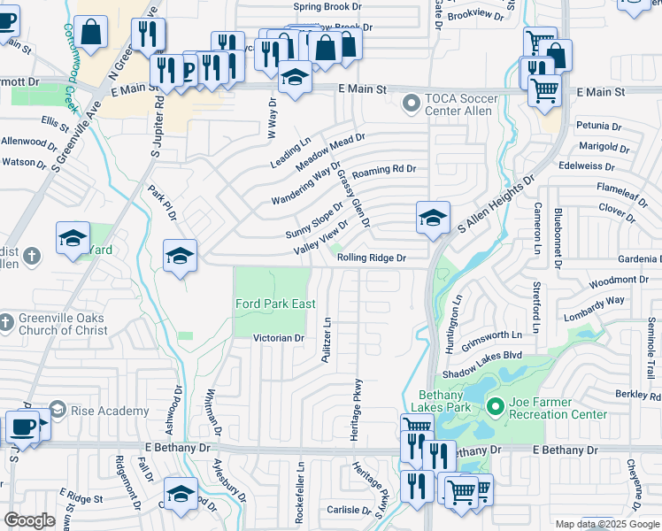 map of restaurants, bars, coffee shops, grocery stores, and more near 714 Park Place Drive in Allen