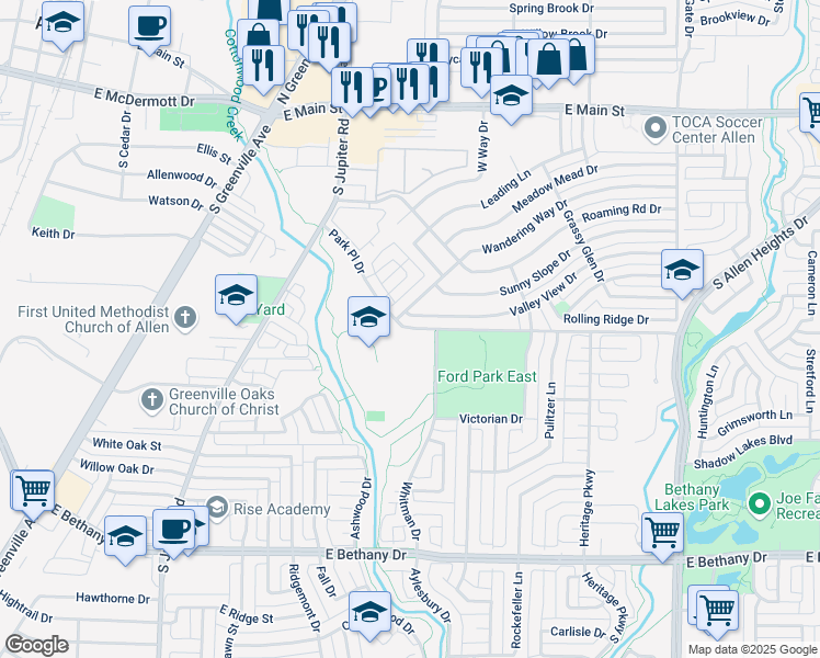 map of restaurants, bars, coffee shops, grocery stores, and more near 939 Park Place Drive in Allen