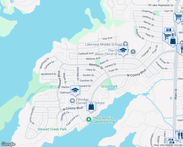 map of restaurants, bars, coffee shops, grocery stores, and more near 4144 Durbin Drive in The Colony