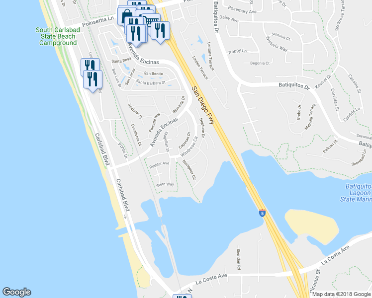 map of restaurants, bars, coffee shops, grocery stores, and more near 7468 Capstan Drive in Carlsbad