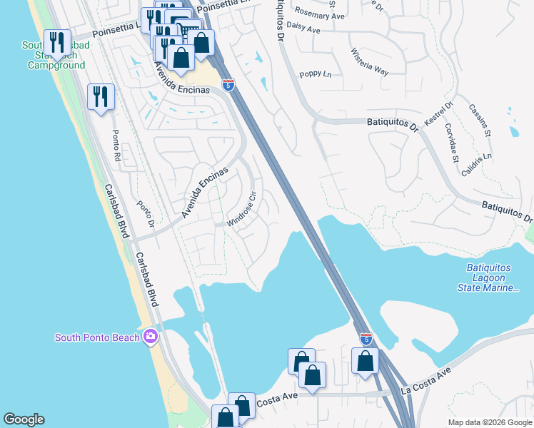 map of restaurants, bars, coffee shops, grocery stores, and more near 7491 Seashell Court in Carlsbad