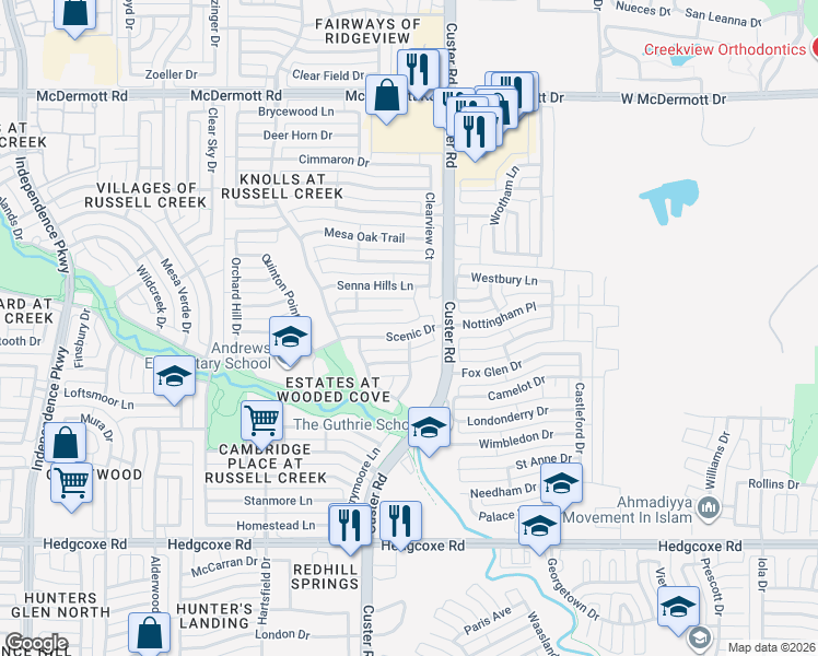 map of restaurants, bars, coffee shops, grocery stores, and more near 2217 Scenic Drive in Plano