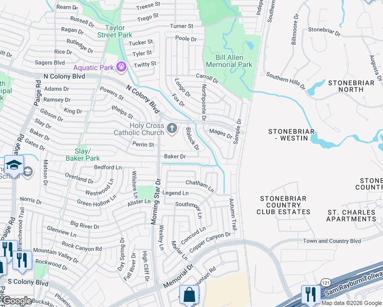map of restaurants, bars, coffee shops, grocery stores, and more near 5845 Baker Drive in The Colony