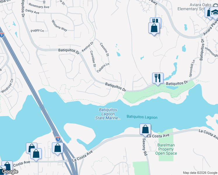 map of restaurants, bars, coffee shops, grocery stores, and more near 1354 Mallard Court in Carlsbad