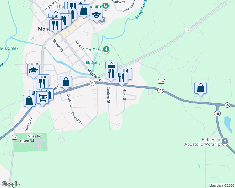 map of restaurants, bars, coffee shops, grocery stores, and more near 210 Hicks Street in Montevallo
