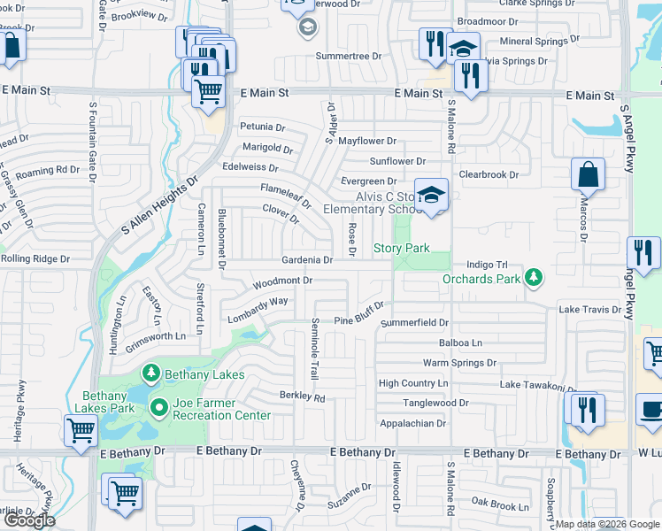 map of restaurants, bars, coffee shops, grocery stores, and more near 1437 Woodmont Drive in Allen