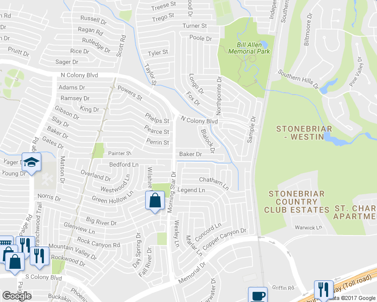 map of restaurants, bars, coffee shops, grocery stores, and more near 5821 Baker Drive in The Colony