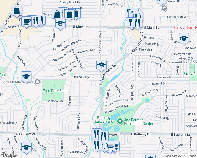 map of restaurants, bars, coffee shops, grocery stores, and more near 914 Park Place Drive in Allen