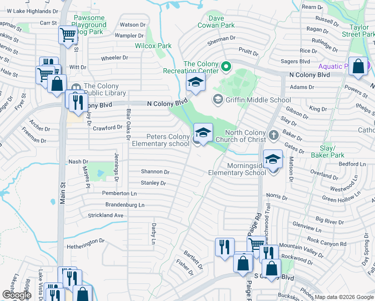 map of restaurants, bars, coffee shops, grocery stores, and more near 5096 Thompson Drive in The Colony