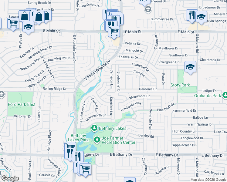map of restaurants, bars, coffee shops, grocery stores, and more near 1218 Cameron Lane in Allen